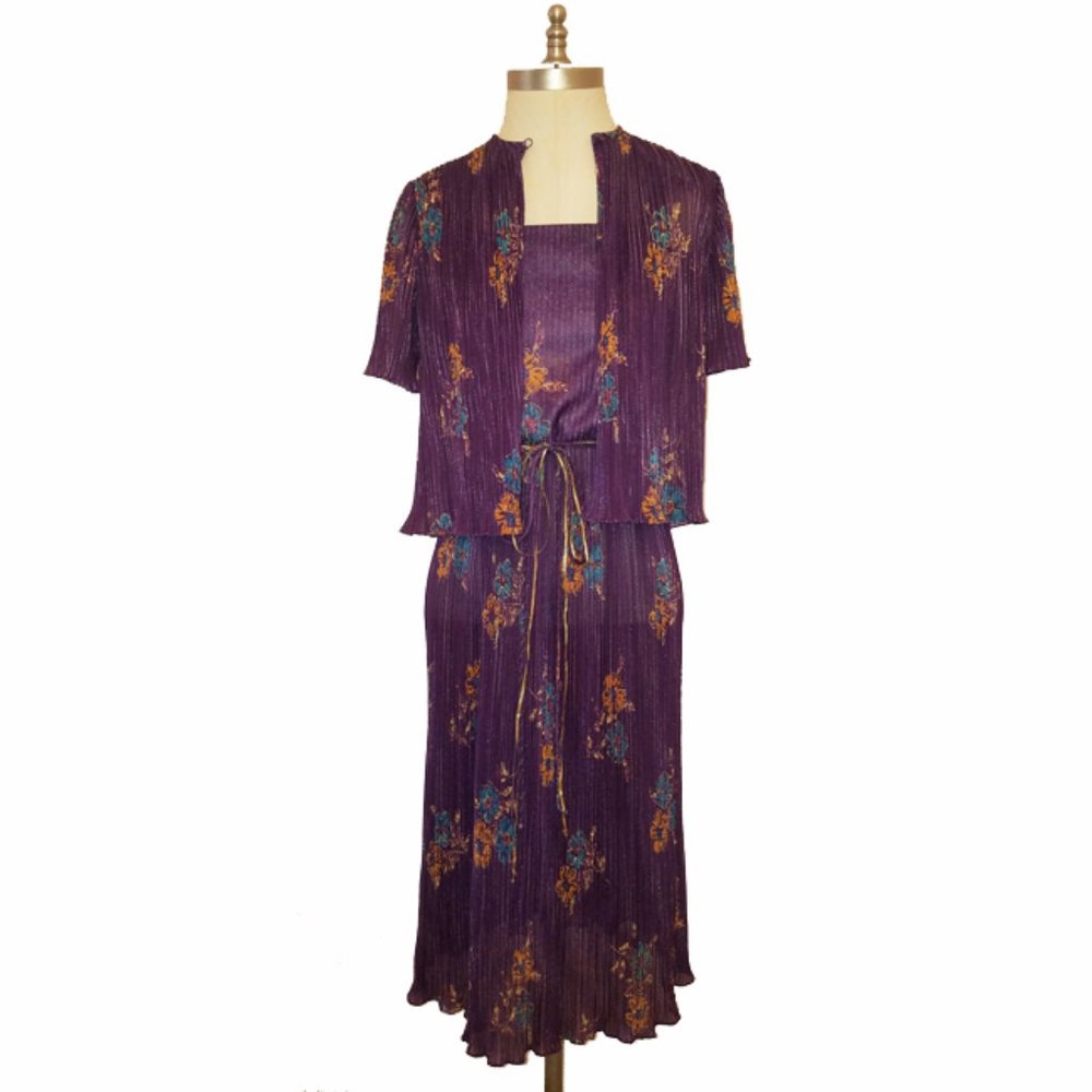 Vtg 70s 3PC Purple Floral Accordion Pleat Dress S